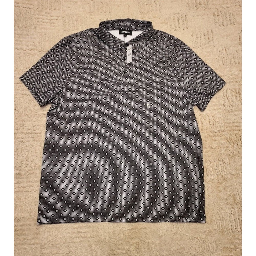 Express Polo Short Sleeve Spotted Geometric Black Mens Size XL NWT
